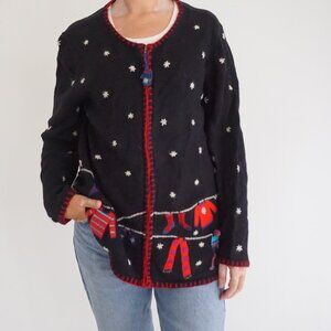 Vintage Coldwater Creek Navy Snowflake Cardigan Festive Holiday Mittens L